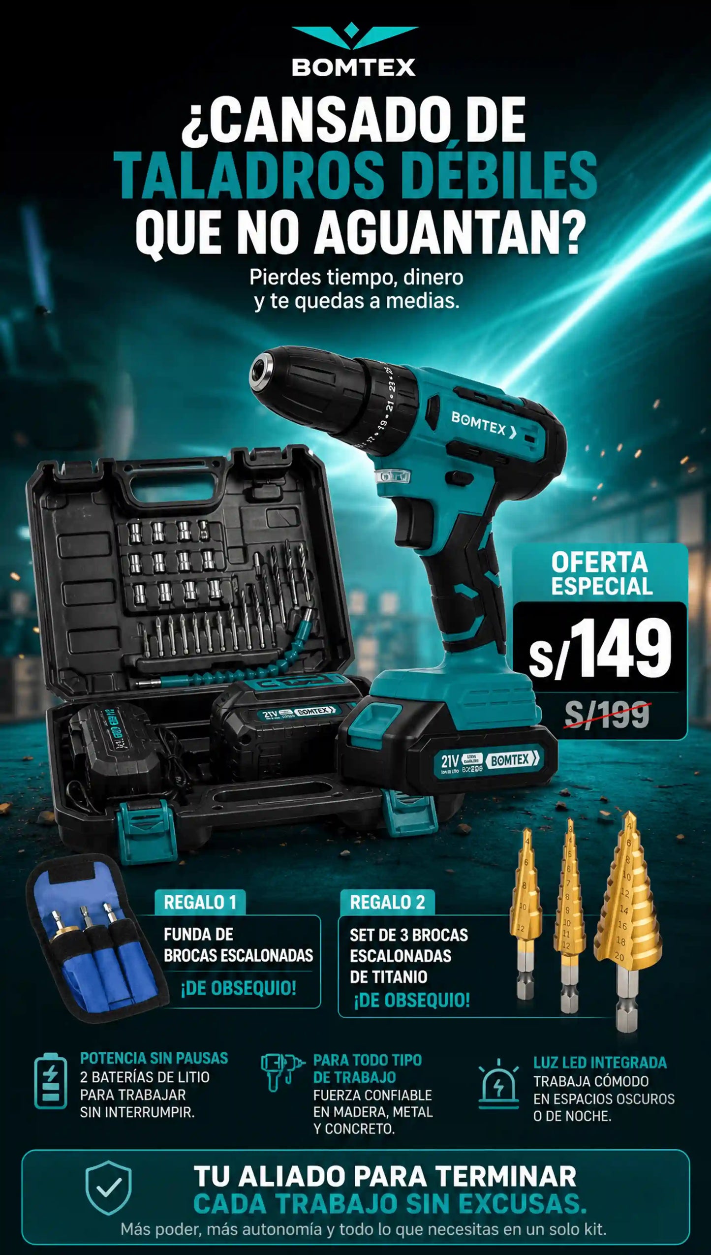 Taladro Percutor 21V BOMTEX + Accesorios + Funda + Brocas Escalonadas Gratis