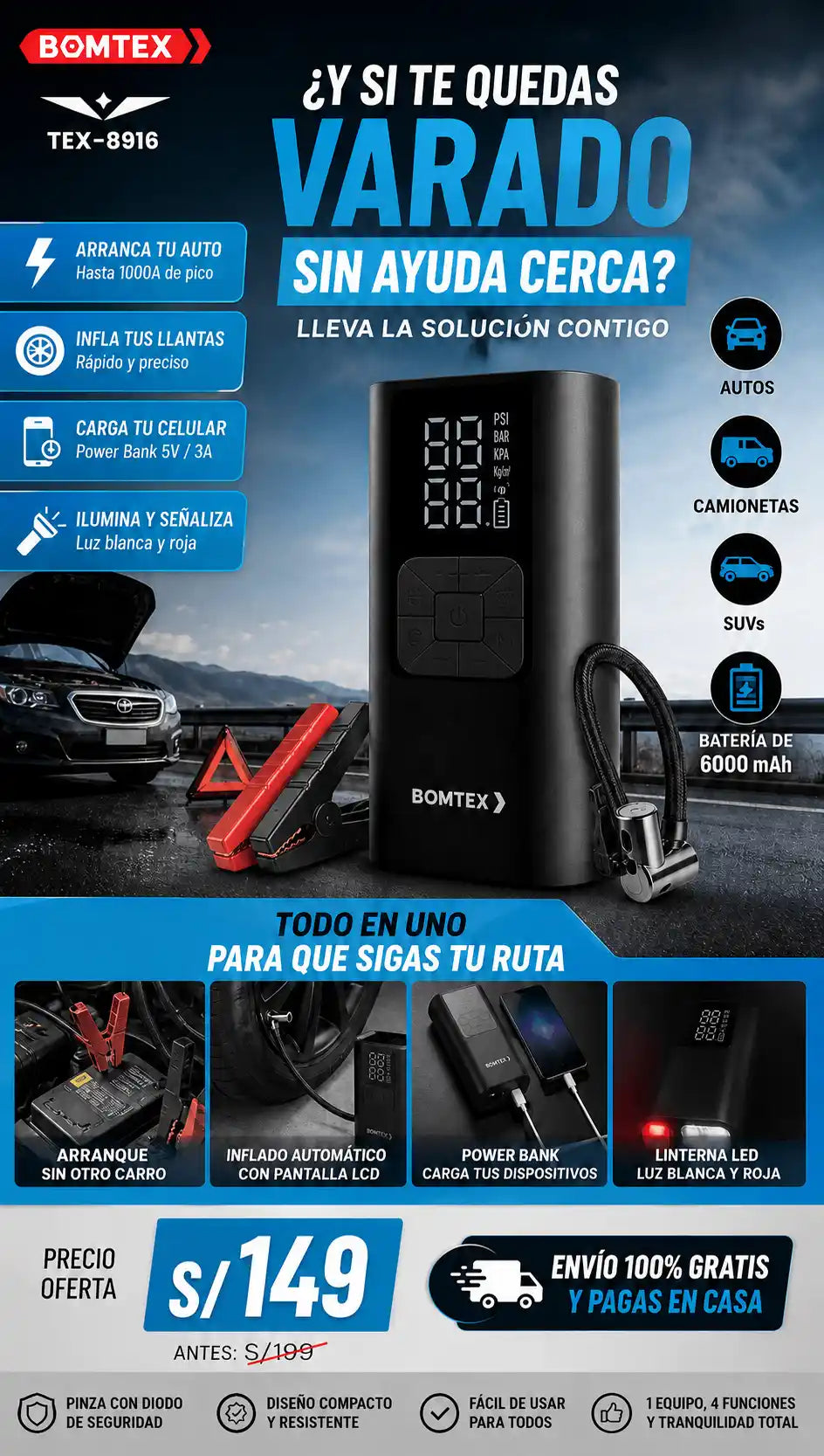 Arrancador de Bateria 4 en 1 Bomtex