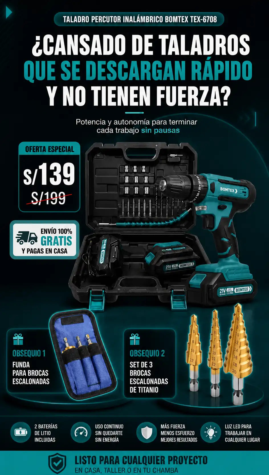 Taladro Percutor 21V BOMTEX + Accesorios + Regalo Brocas Escalonadas y Funda