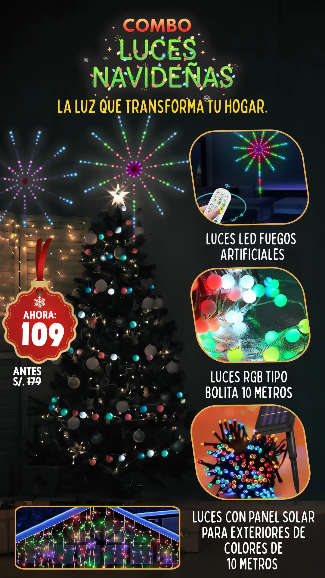 Combo Navideño de Luces Exteriores 10 Metros + Luces para Arbol + Luces de Fuego Artificial