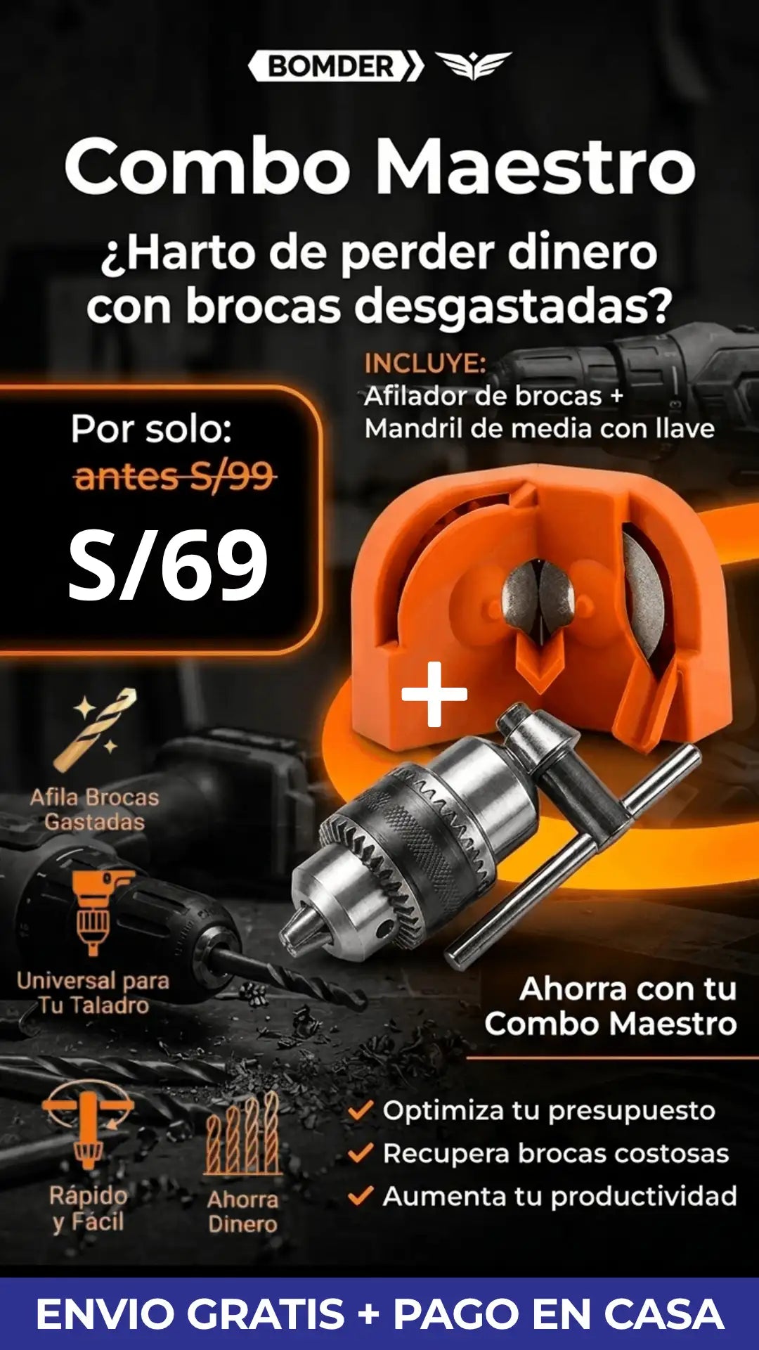 Afilador de Brocas + Adaptador Mandril de media con llave