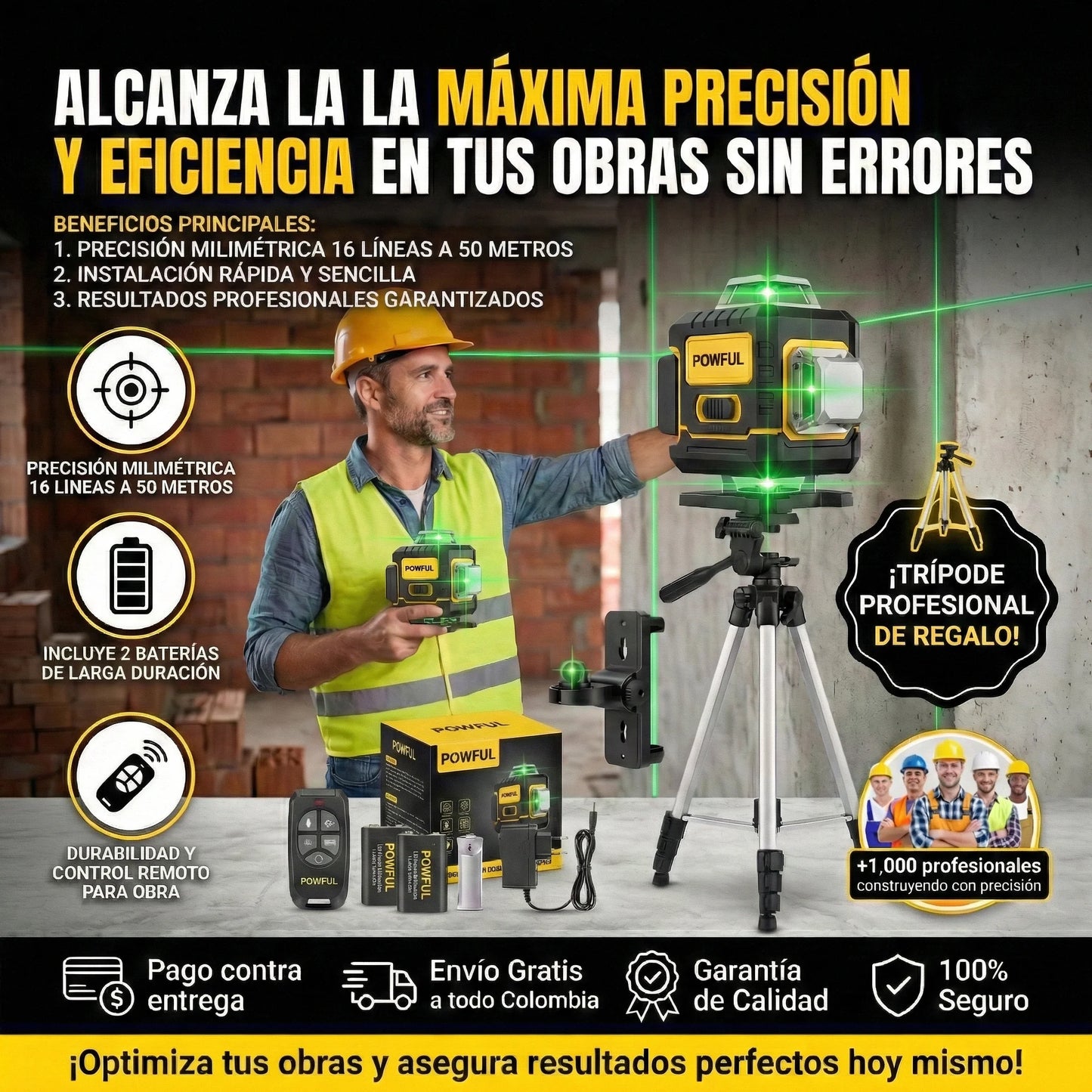 Nivel Laser 16 Lineas 50 Metros - Powful + Tripode de Regalo
