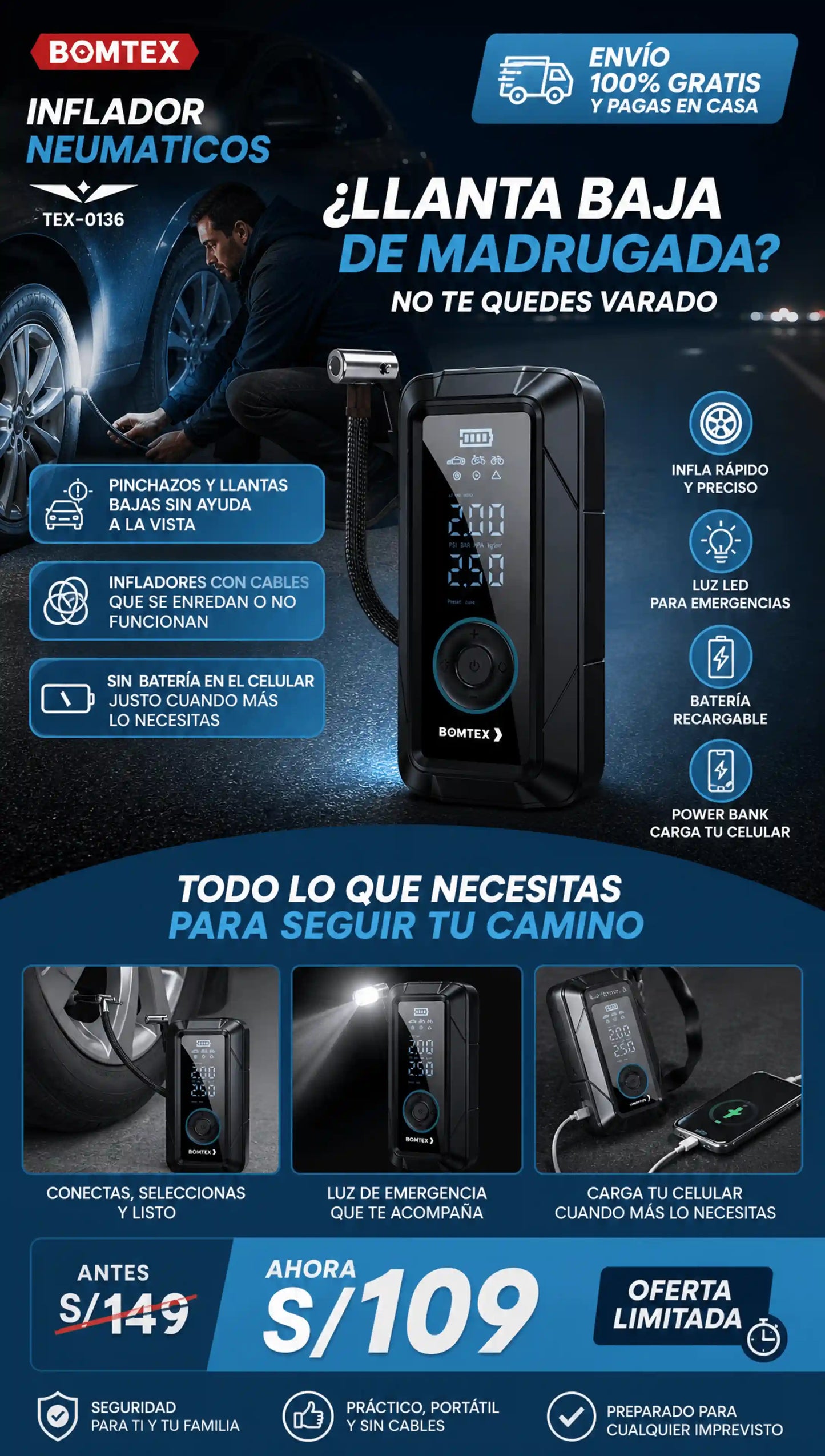 Compresor de Aire Digital 150 PSI 3 en 1 - Bomtex