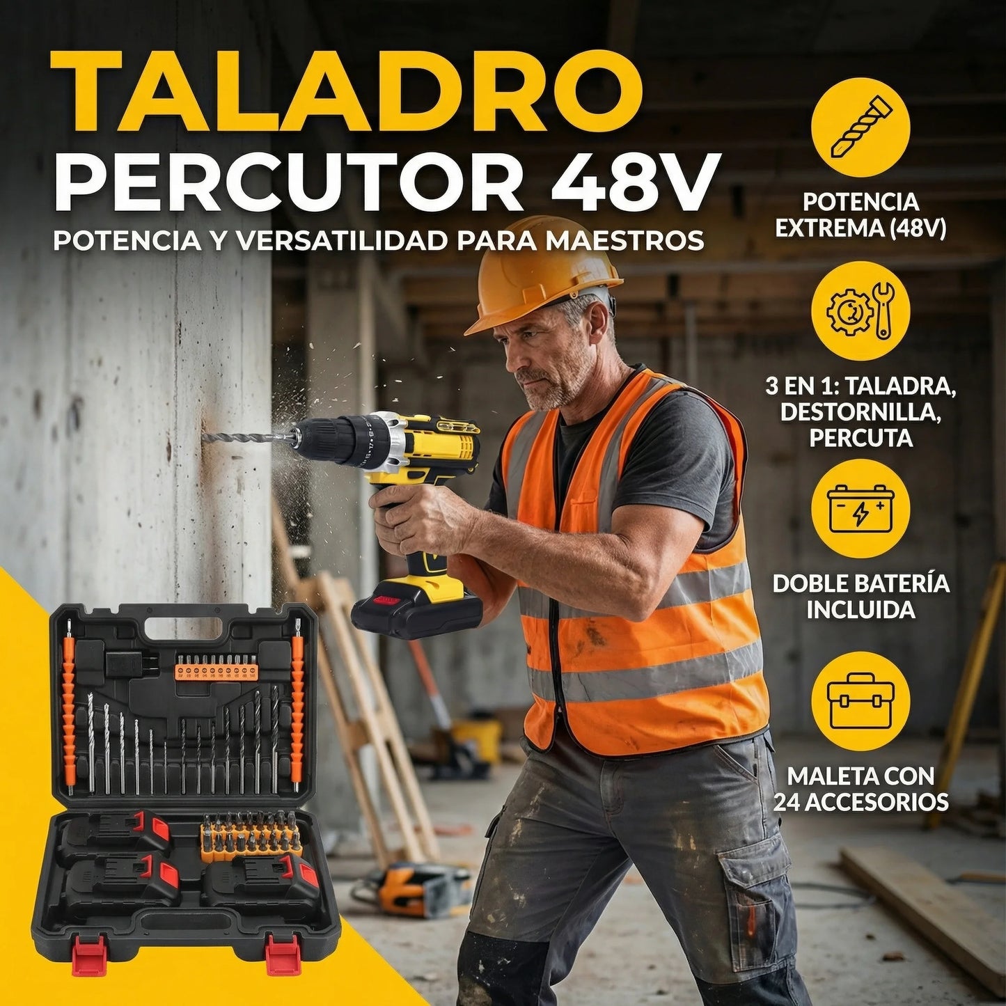 Taladro Percutor 48 Voltios + Incluye 24 accesorios