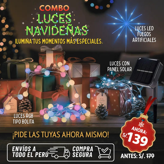 Combo Navideño de Luces Exteriores 20 Metros + Luces para Arbol + Luces de Fuego Artificial