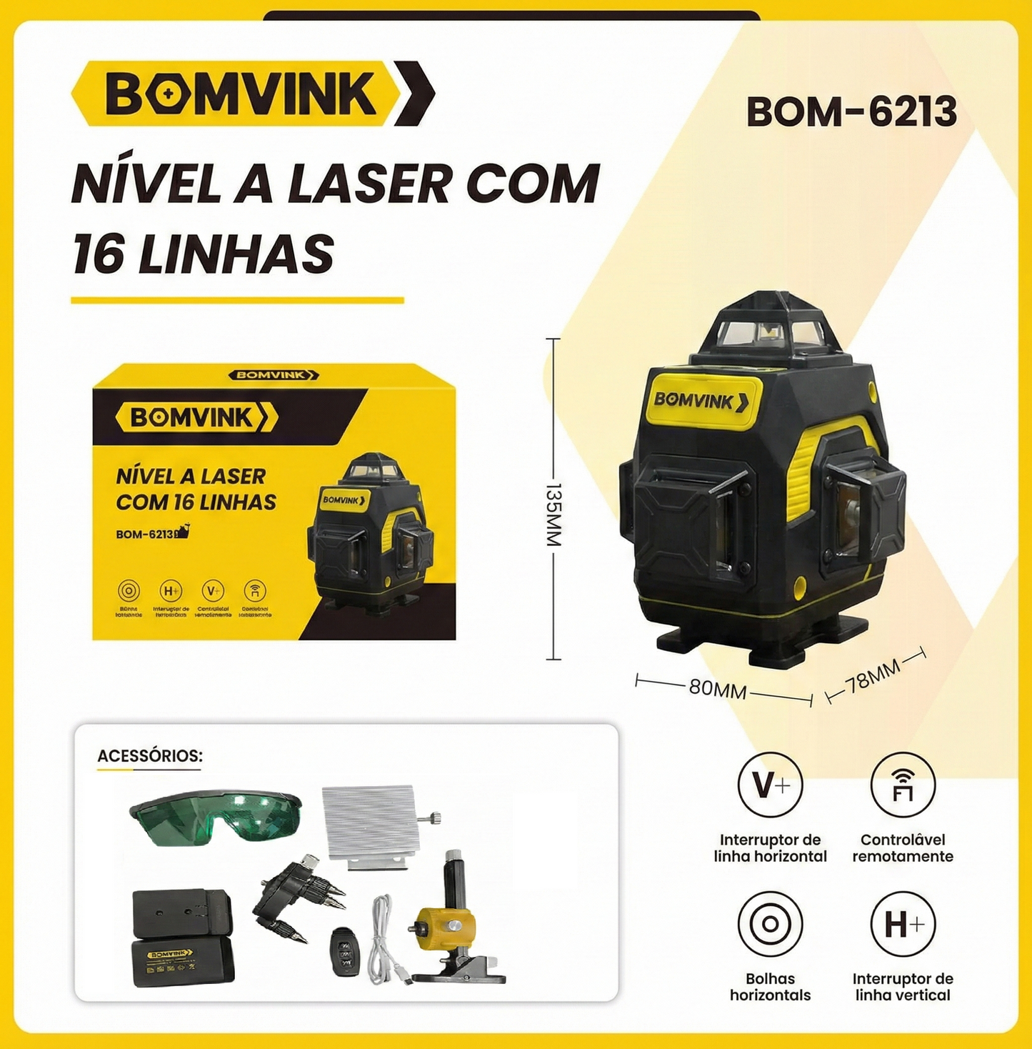 Nivel Laser 16 Lineas 50 Metros Bomvink + Tripode de Regalo