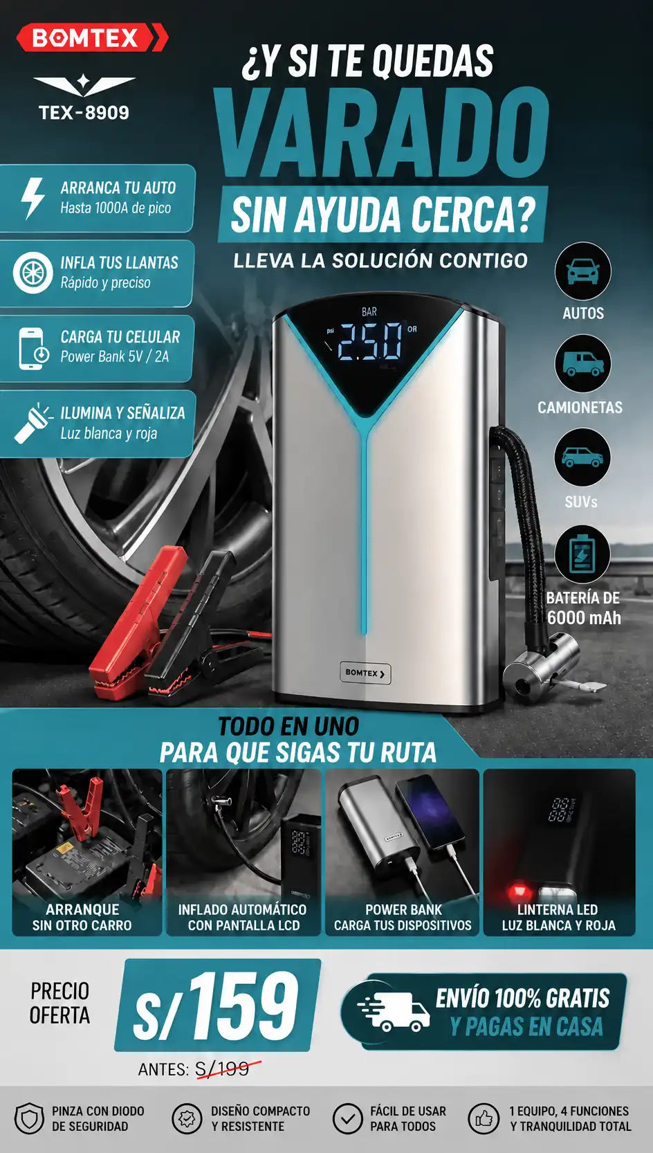 Super Arrancador de Bateria 4 en 1 Bomtex