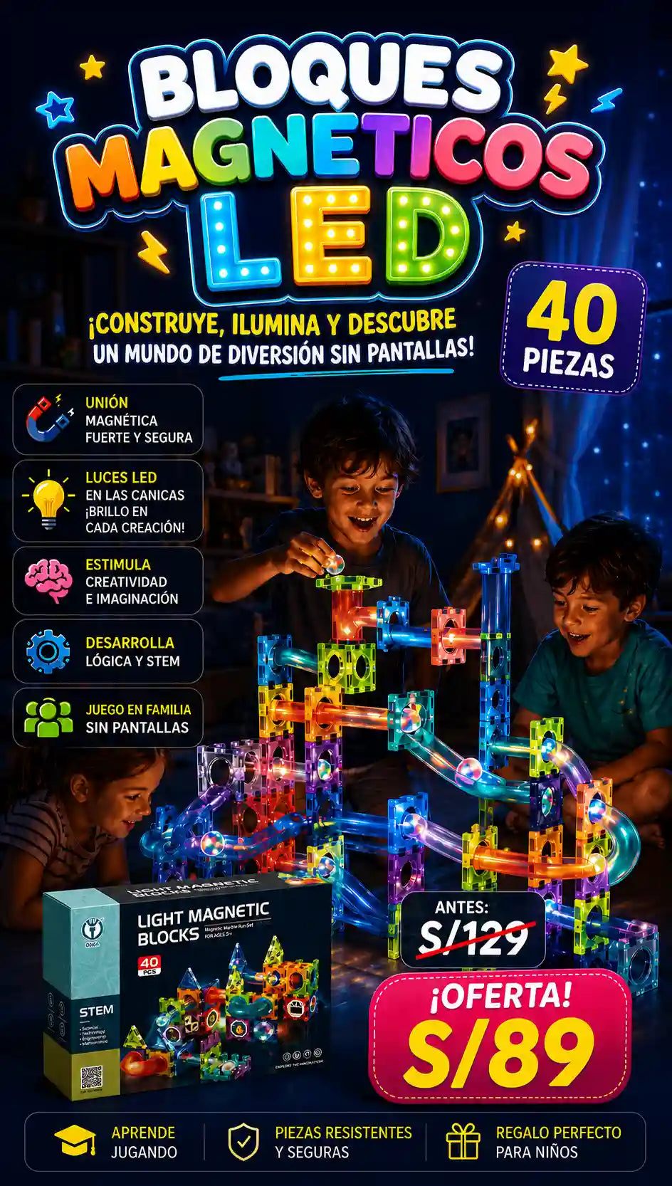 Bloques Magneticos con Luces LED - 40 piezas