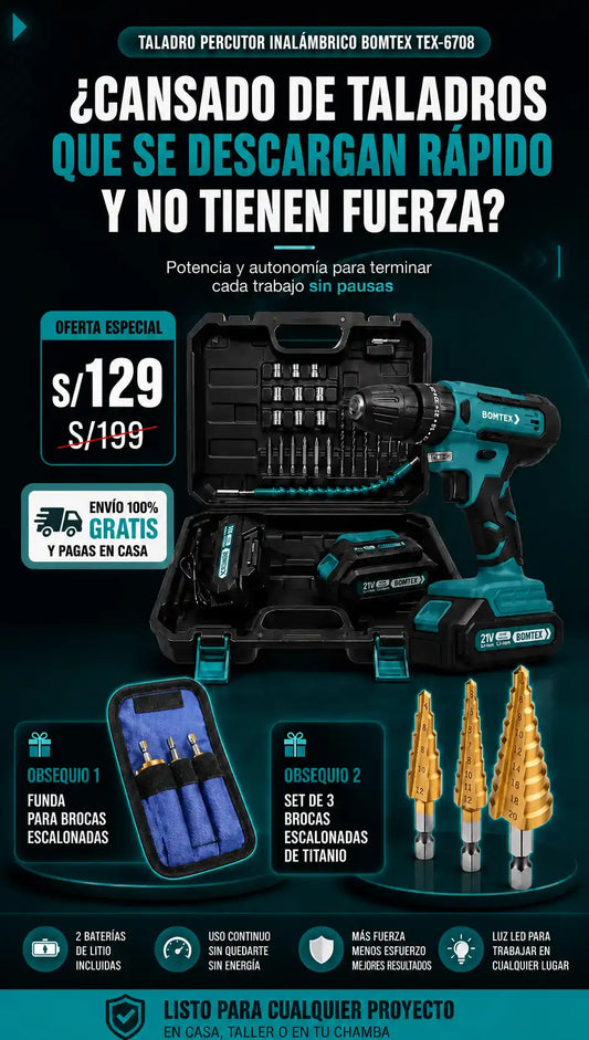 Taladro Percutor 21V BOMTEX + Accesorios + Regalo Brocas Escalonadas y Funda