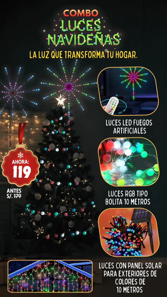 Combo Navideño de Luces Exteriores 10 Metros + Luces para Arbol + Luces de Fuego Artificial