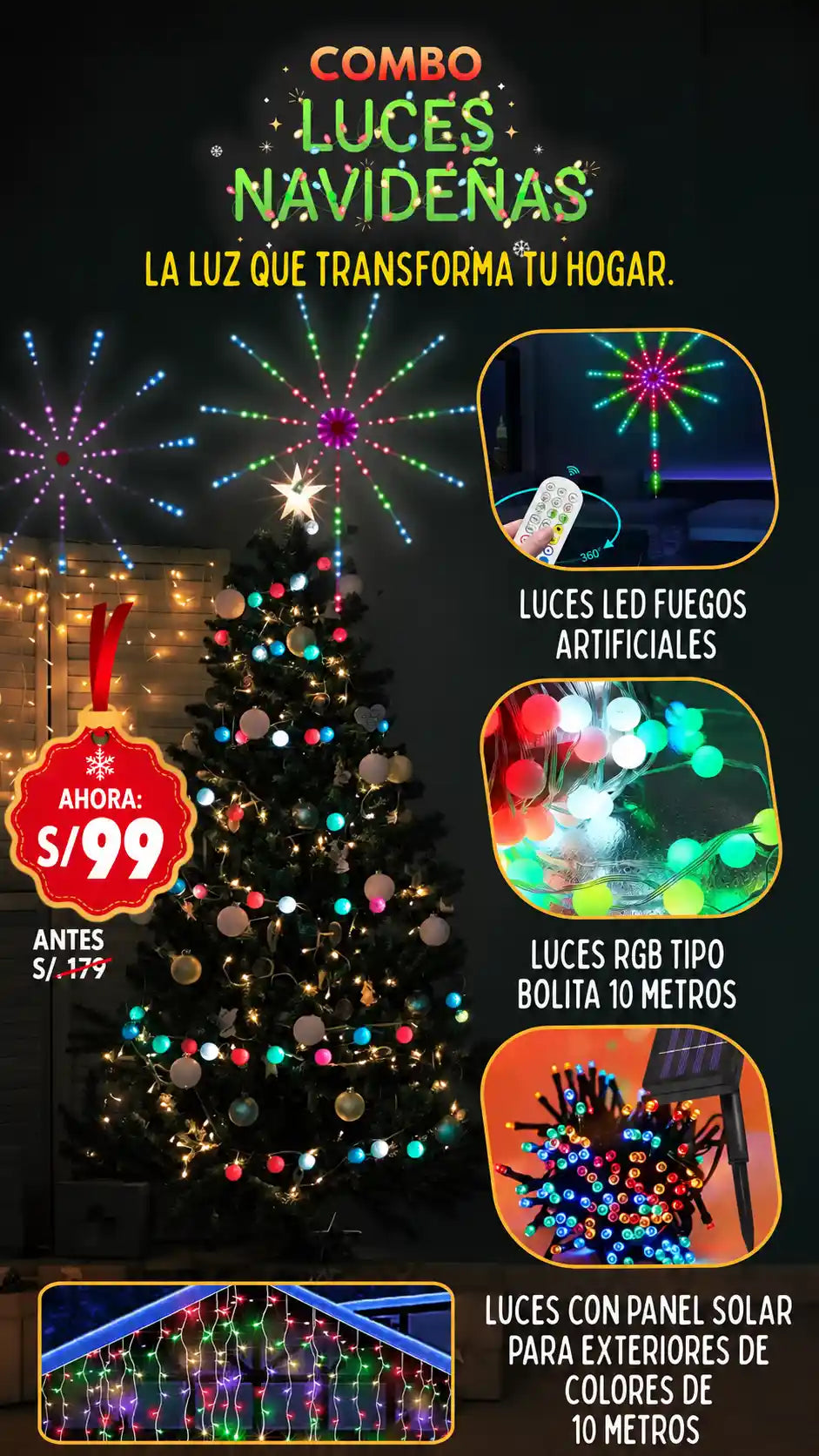 Combo Navideño Luces Exteriores 10 Metros + Luces para Arbol + Luces de Fuego Artificial