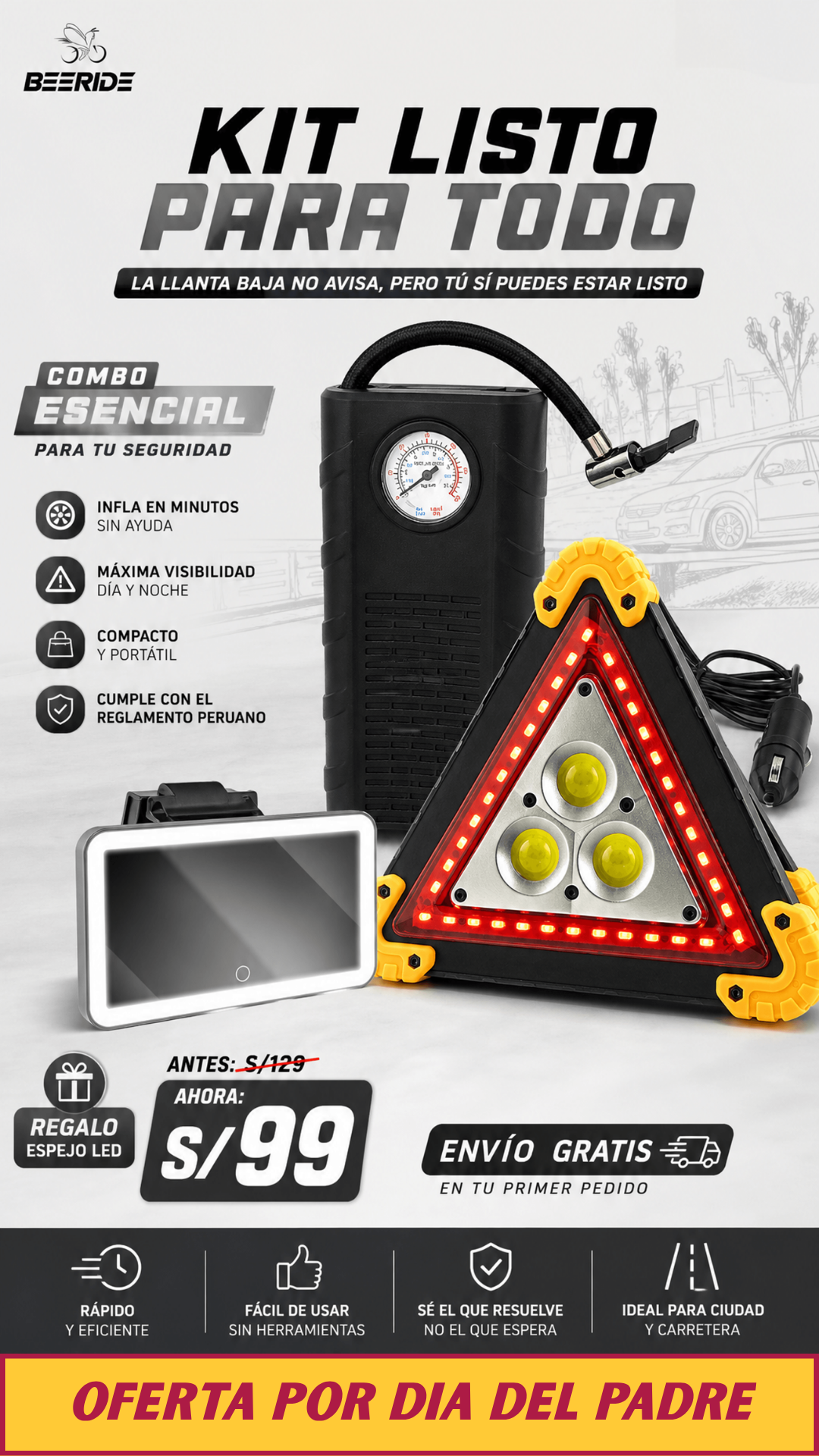 Kit listo para Todo - Compresor con cigarrera + Triangulo LED + Gratis Espejo LED