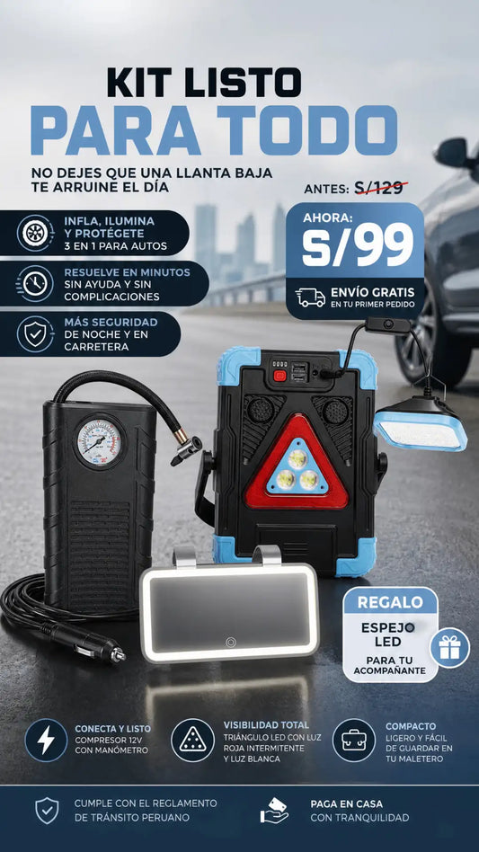 Kit listo para Todo - Compresor con cigarrera + Triangulo LED + Gratis Espejo LED
