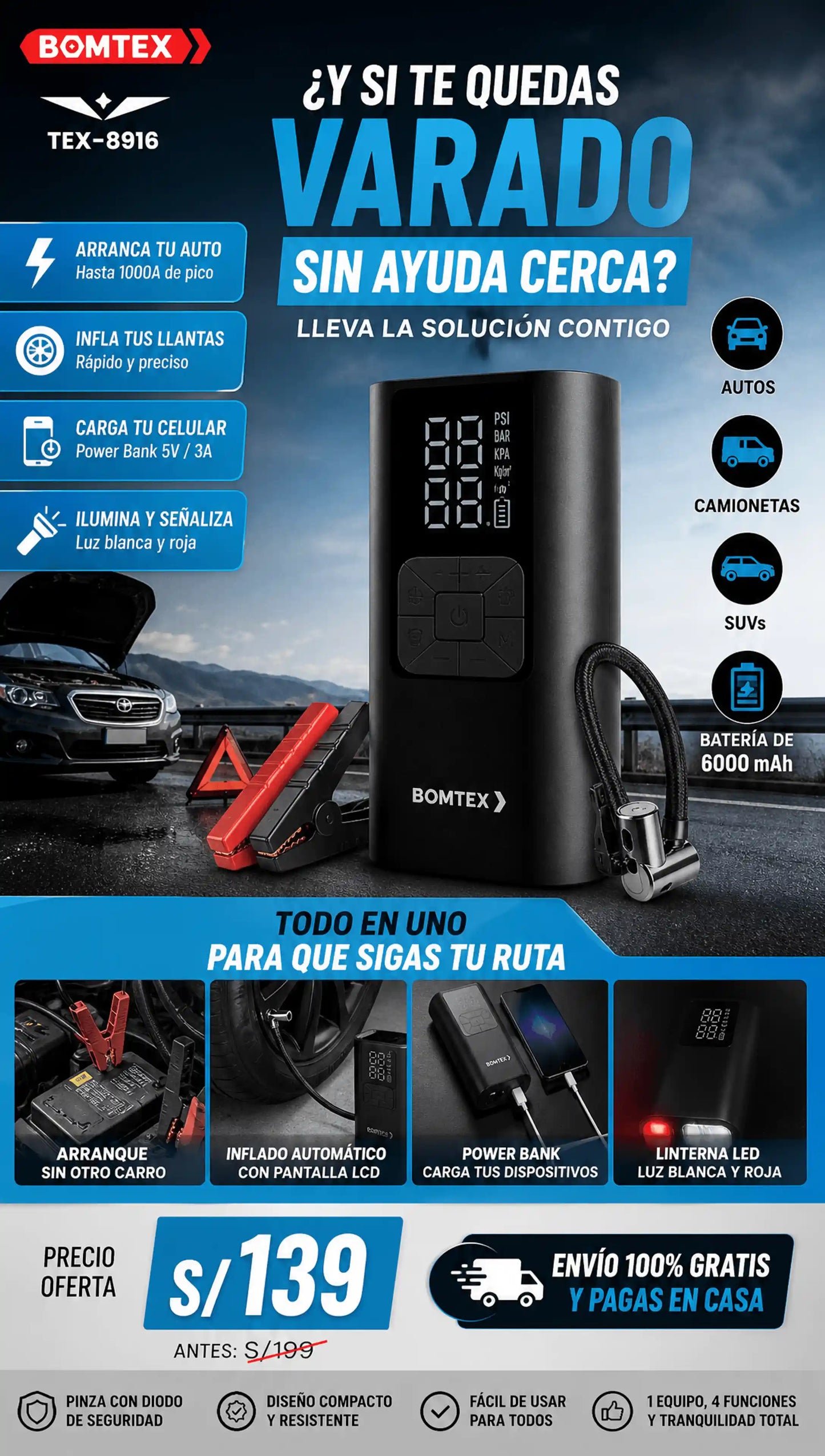 Arrancador de Bateria 4 en 1 Bomtex