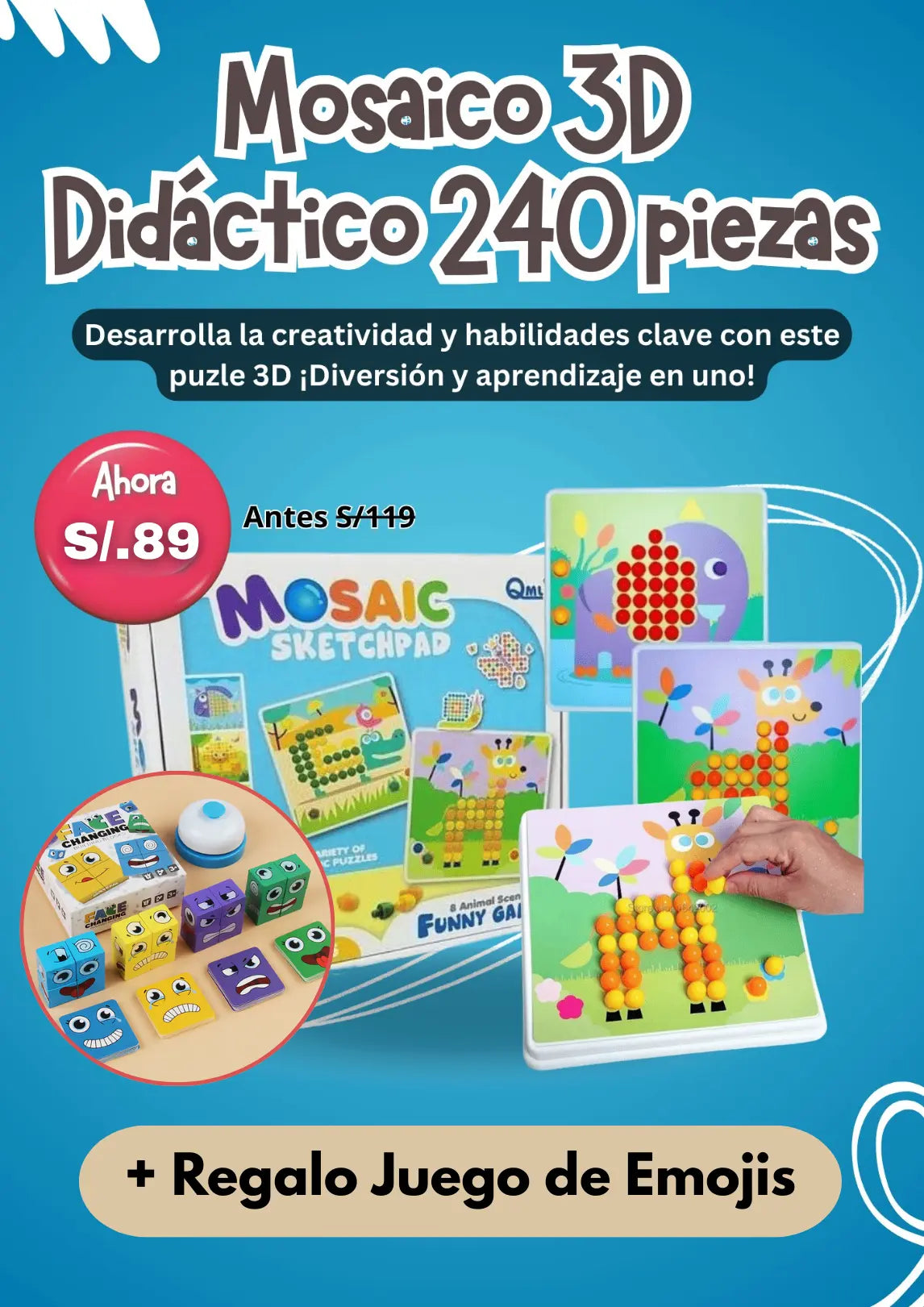 Mosaico Didáctico 3D de 240 Piezas + Regalo Juego de Emojis