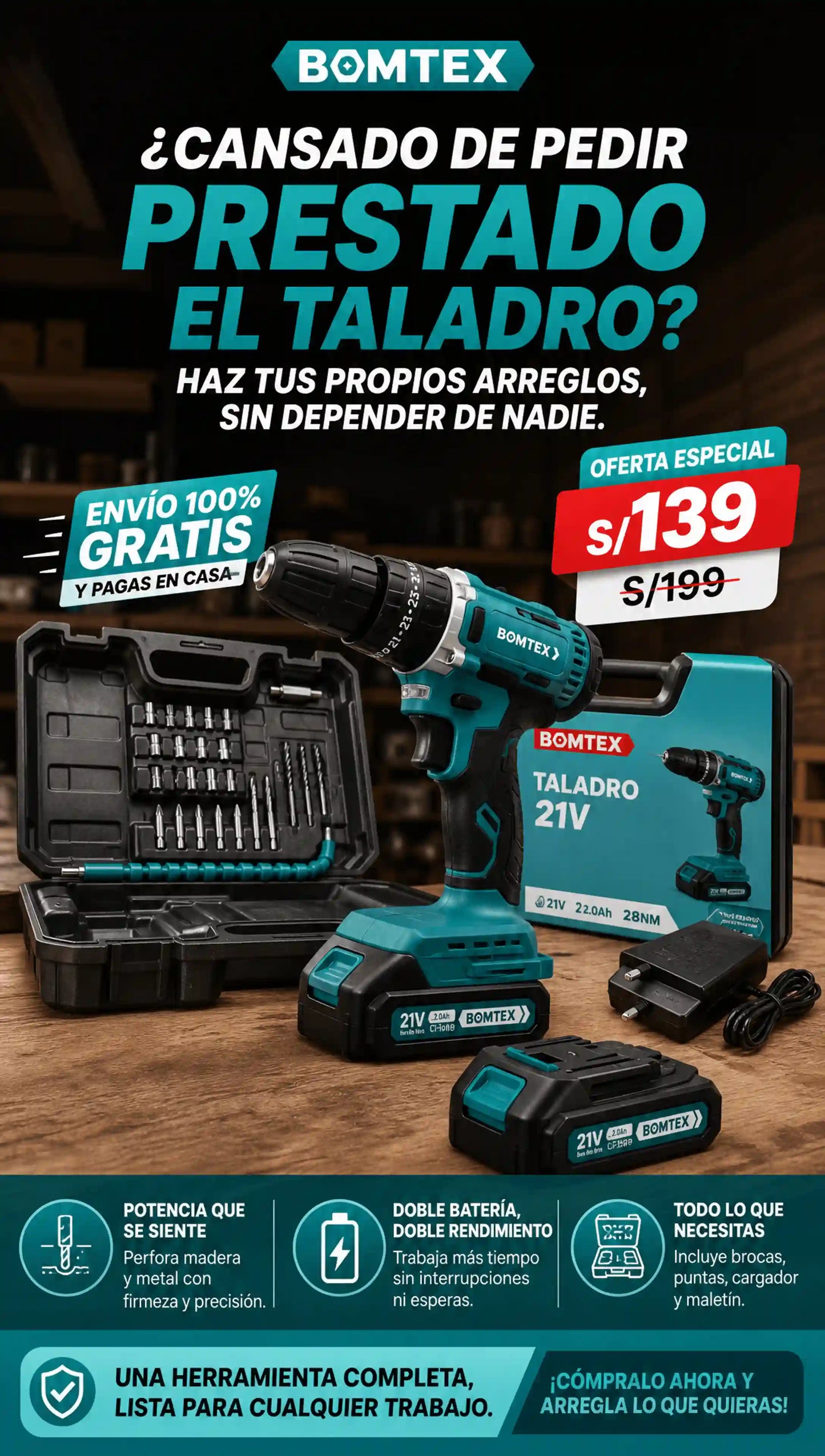 Taladro Percutor 21V + Accesorios BOMTEX