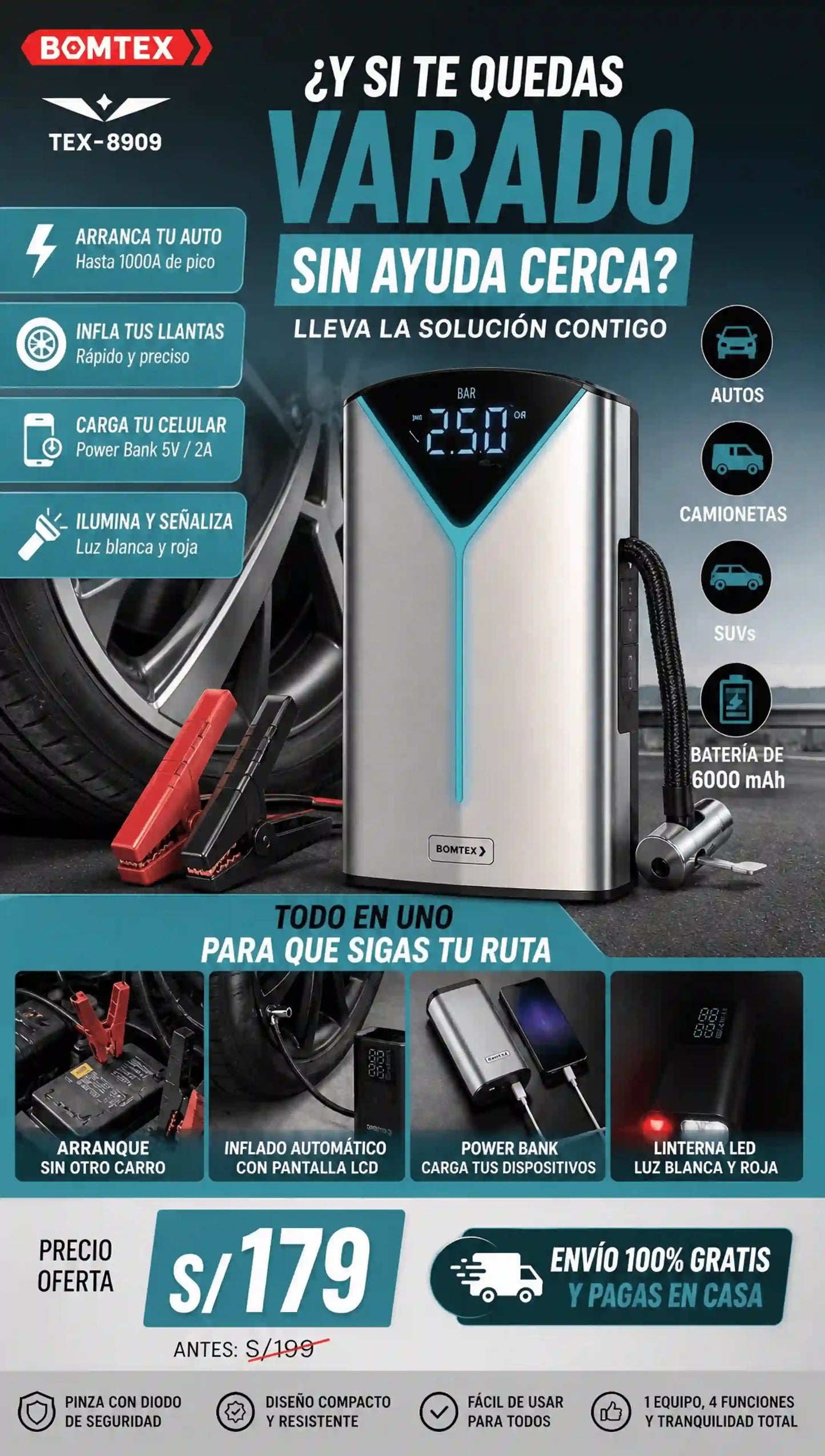 Super Arrancador de Bateria 4 en 1 Bomtex