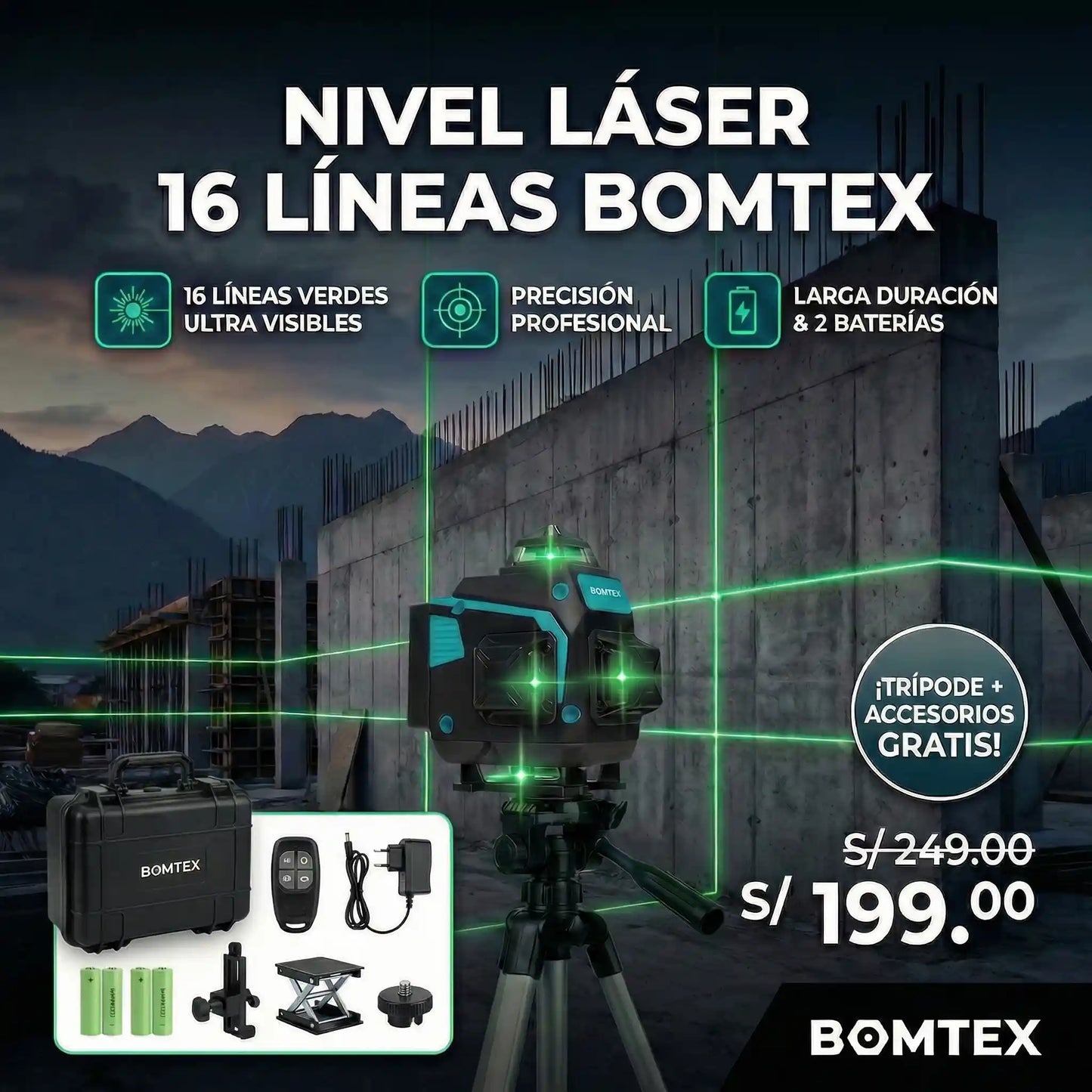 Nivel Laser 16 Lineas 50 Metros Bomtex + Regalo Tripode