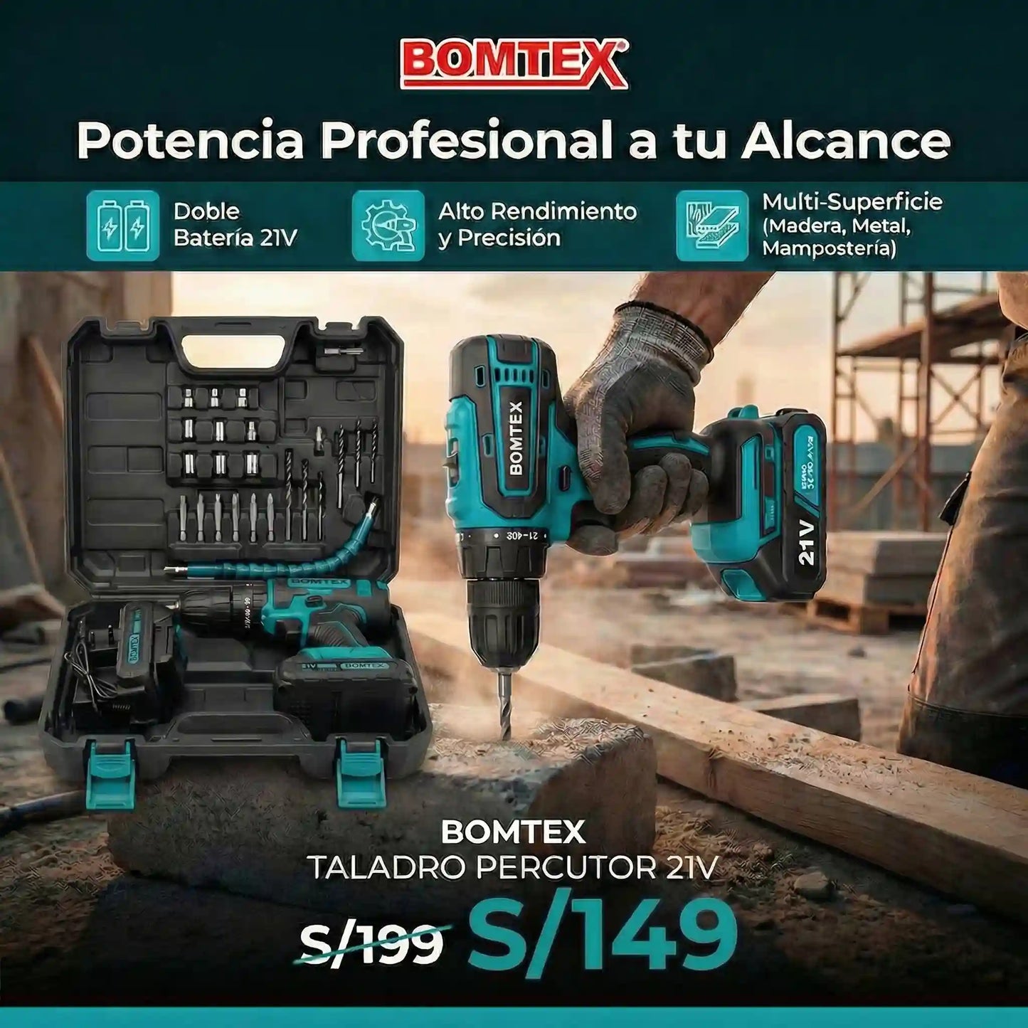 Taladro Percutor 21V + Accesorios BOMTEX