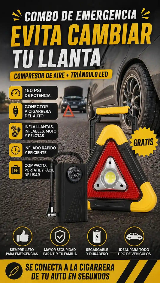 Compresor de Aire Portatil 150 PSI + Conector con Cigarrera + Gratis Triangulo de Emergencia LED
