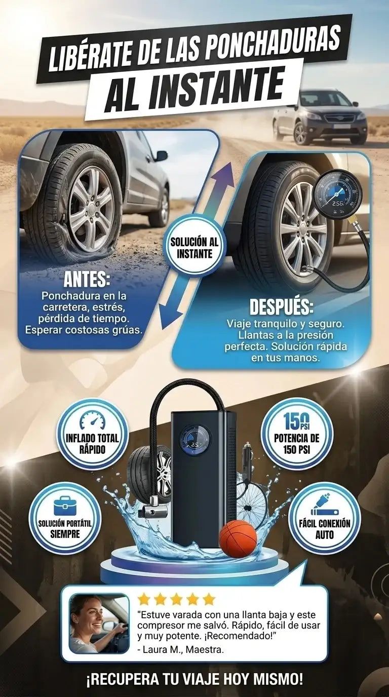 Compresor de Aire Portátil 150 PSI + Conector con Cigarrera 8