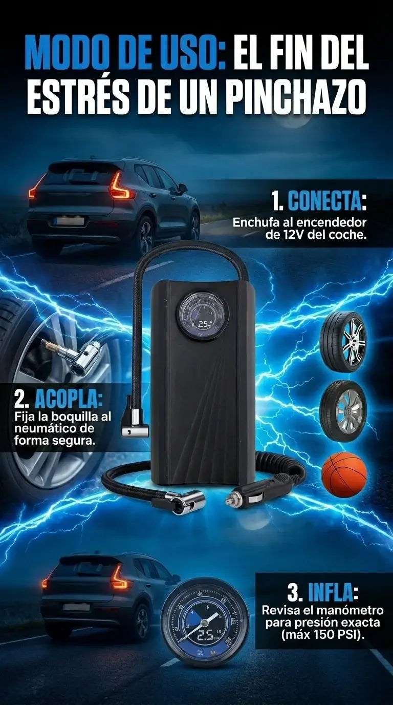 Compresor de Aire Portátil 150 PSI + Conector con Cigarrera 6