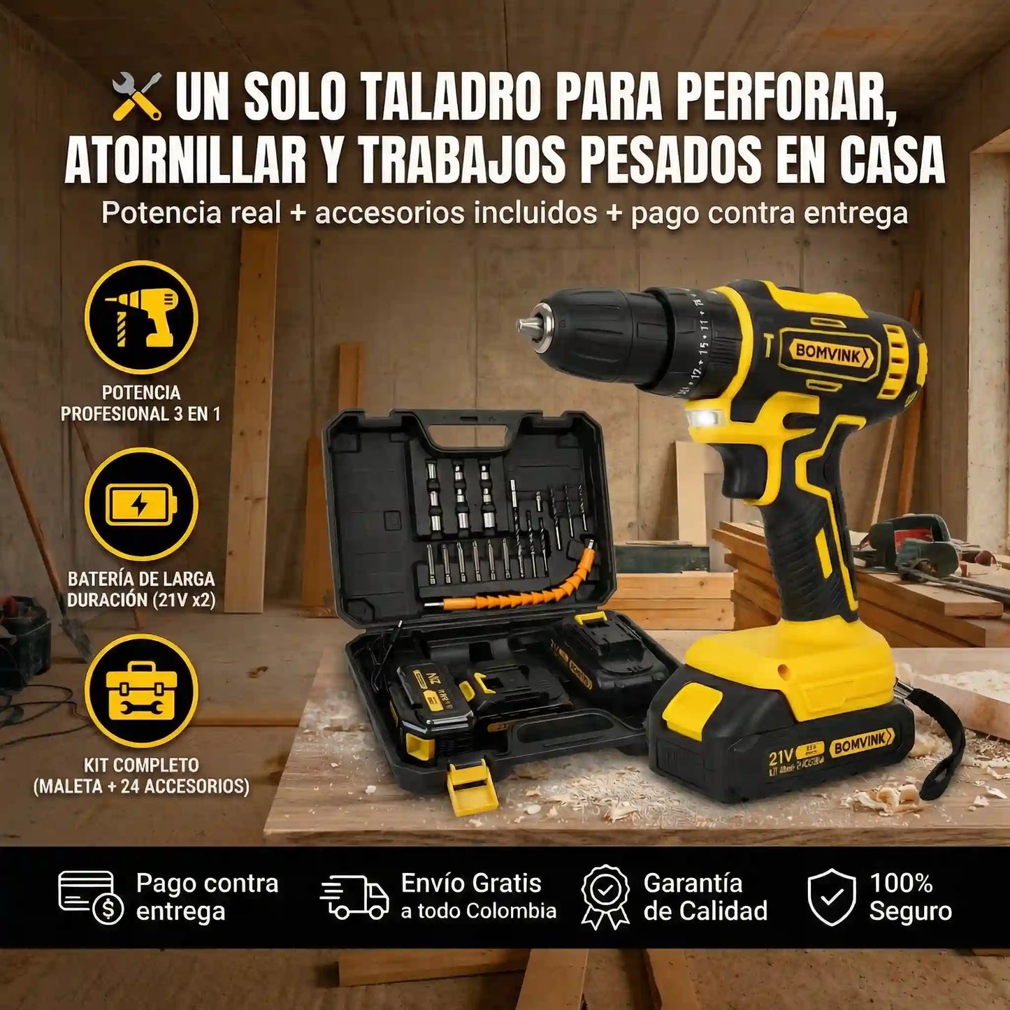 Taladro Percutor 21 Voltios + Maleta de 24 accesorios